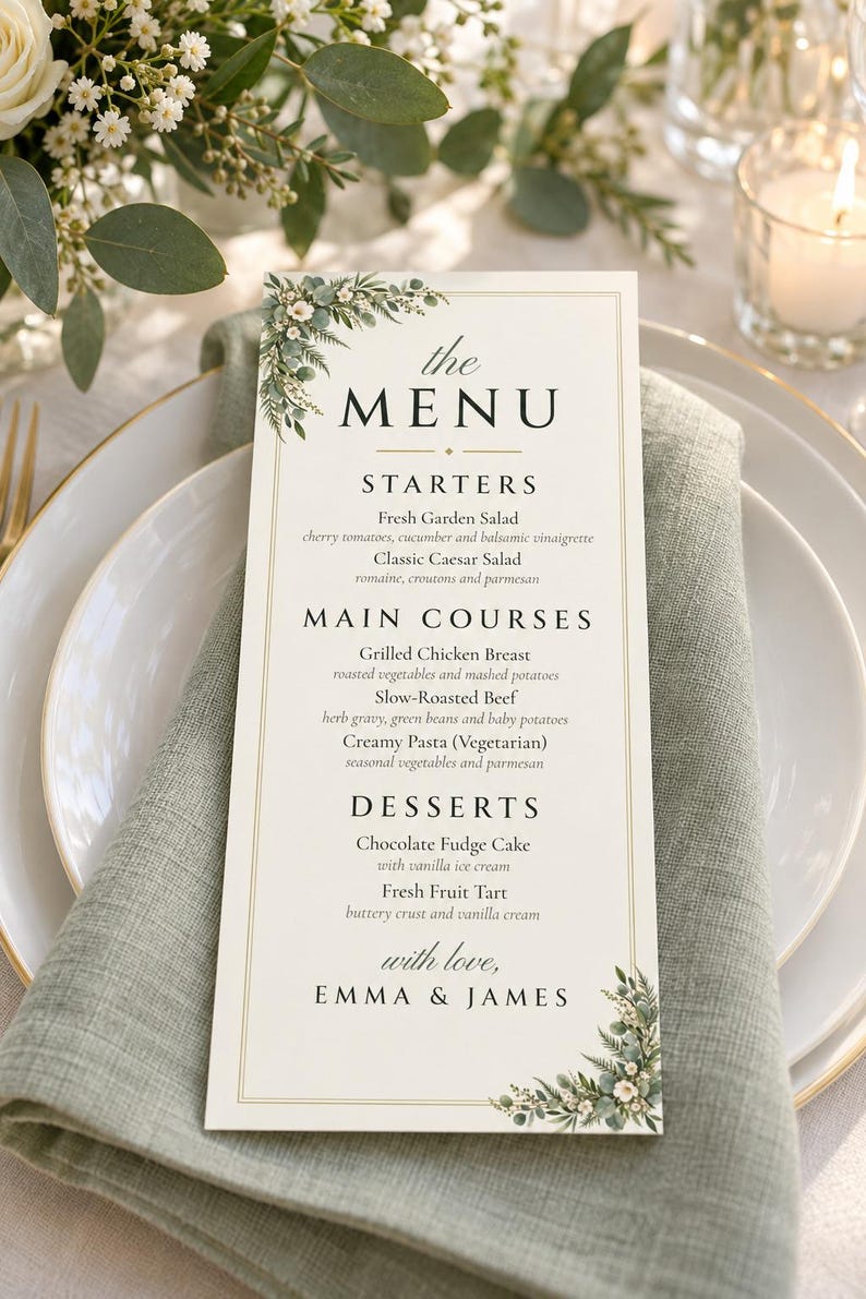 Custom Wedding Dinner Menu, Greenery Reception Menu Card, Eucalyptus Place Setting Menu, Printable 4x9 Digital File image 1