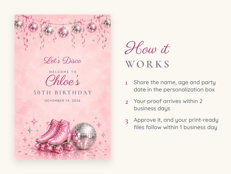 Custom Birthday Welcome Sign, Let's Disco Sign, Disco and Roller Skates Birthday Decor, Printable 24x36 Digital File image 4