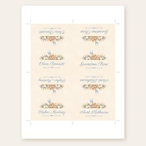 May include: A sheet of eight rectangular labels on a cream background, each featuring a brown teddy bear, white flowers, and a blue balloon. The labels display names including Olivia Bennett, Grandma Rose, Sophia Martinez, and Aunt Katherine.