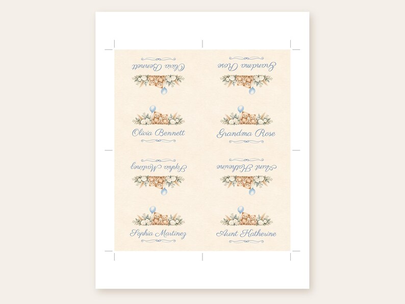 May include: A sheet of eight rectangular labels on a cream background, each featuring a brown teddy bear, white flowers, and a blue balloon. The labels display names including Olivia Bennett, Grandma Rose, Sophia Martinez, and Aunt Katherine.