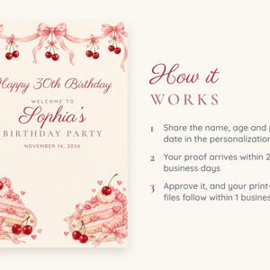Custom Birthday Welcome Sign, Happy 30th Birthday Sign, Cherry and Bow Birthday Decor, Printable 24x36 Digital File image 4