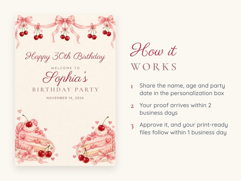 Custom Birthday Welcome Sign, Happy 30th Birthday Sign, Cherry and Bow Birthday Decor, Printable 24x36 Digital File image 4