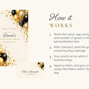 Birthday Welcome Sign and Name Tents Set, Cheers to 40 Years, Black and Gold Balloons Birthday Decor, Custom Printable Digital Files image 4