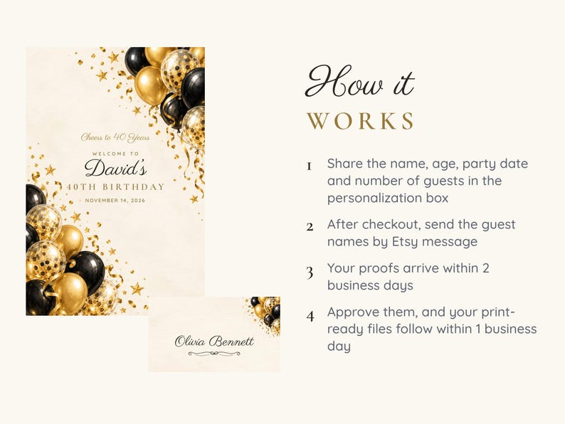 Birthday Welcome Sign and Name Tents Set, Cheers to 40 Years, Black and Gold Balloons Birthday Decor, Custom Printable Digital Files image 4
