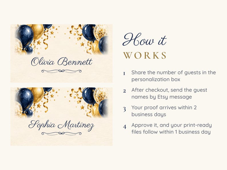 Tarjetas de cumpleaños con nombres, tarjetas de lugar con globos azul marino y dorado, decoración de mesa para cena de cumpleaños con el tema "¡Salud!", archivo digital imprimible personalizado. imagen 4