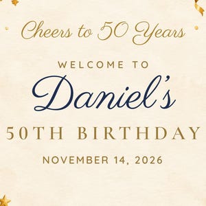 Custom Birthday Welcome Sign, Cheers to 50 Years Sign, Navy and Gold Balloon Birthday Decor, Printable 24x36 Digital File image 3