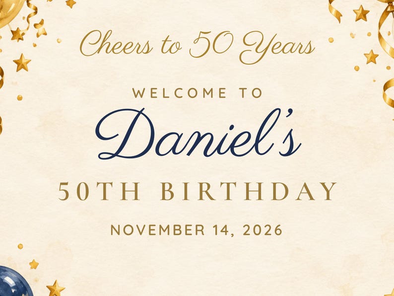 Custom Birthday Welcome Sign, Cheers to 50 Years Sign, Navy and Gold Balloon Birthday Decor, Printable 24x36 Digital File image 3