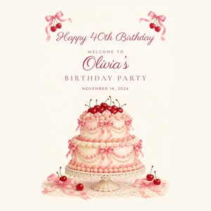 Custom Birthday Welcome Sign, Happy 40th Birthday Sign, Pink Vintage Cake Birthday Decor, Printable 24x36 Digital File image 2