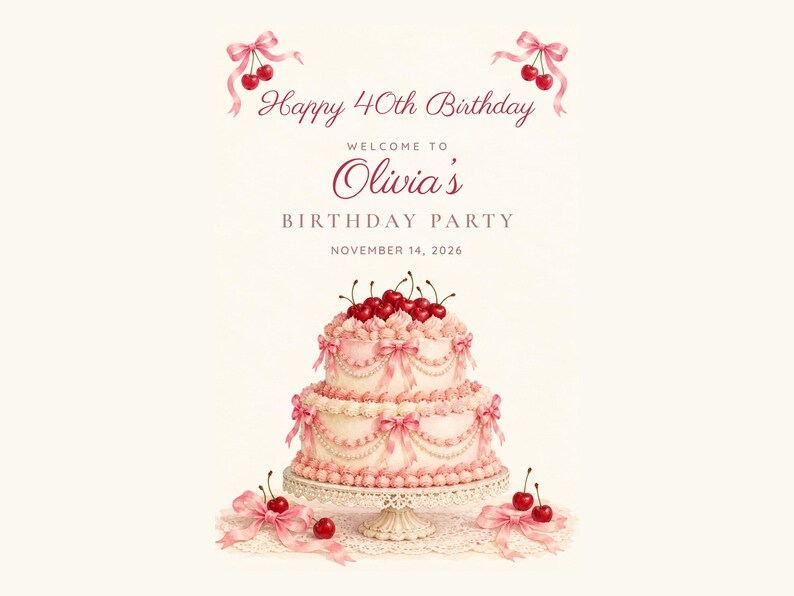 Custom Birthday Welcome Sign, Happy 40th Birthday Sign, Pink Vintage Cake Birthday Decor, Printable 24x36 Digital File image 2