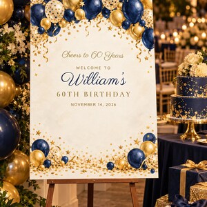 Custom Birthday Welcome Sign, Cheers to 60 Years Sign, Navy and Gold Balloon Arch Birthday Decor, Printable 24x36 Digital File