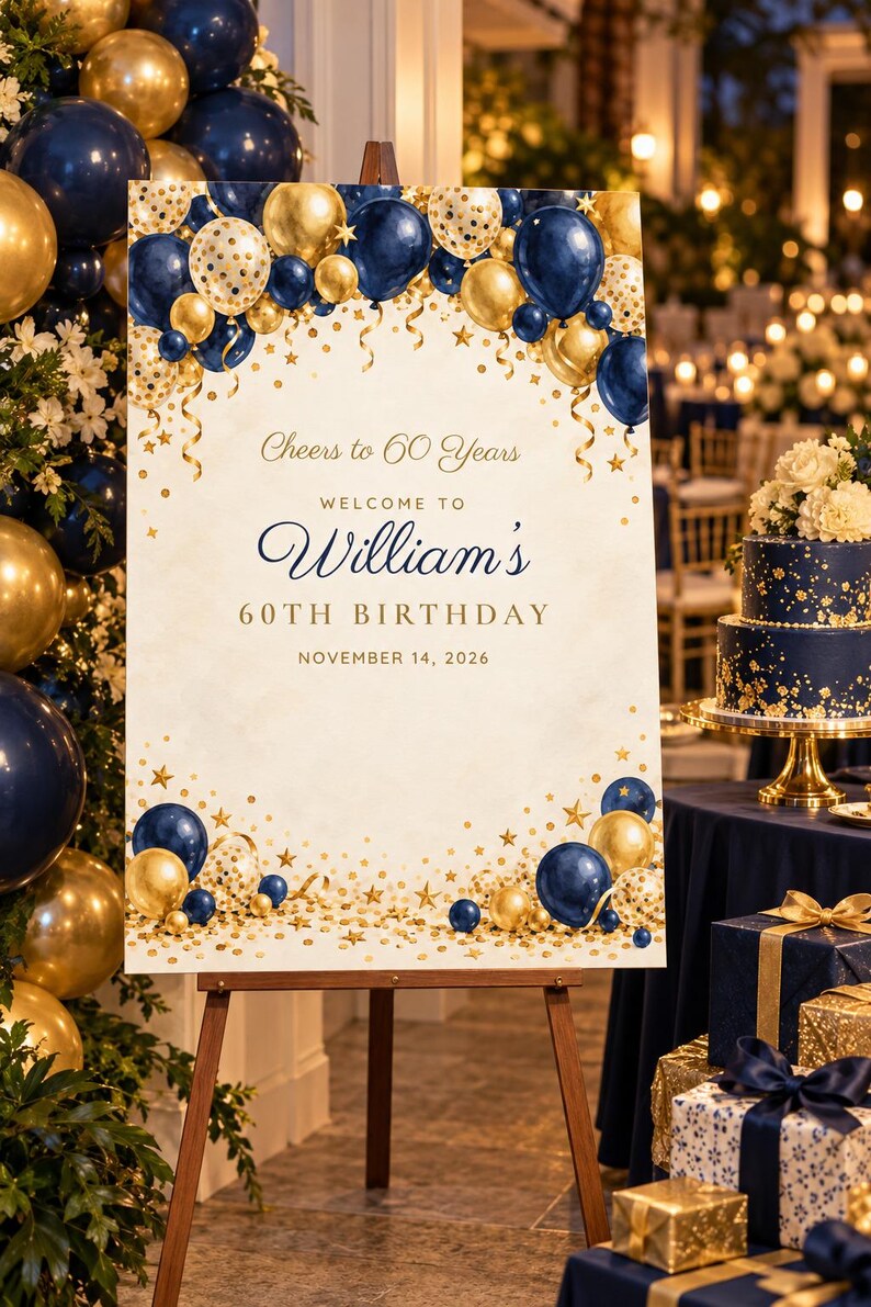 Custom Birthday Welcome Sign, Cheers to 60 Years Sign, Navy and Gold Balloon Arch Birthday Decor, Printable 24x36 Digital File image 1
