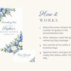 May include: A bridal shower sign and place card set featuring blue and white floral illustrations. The sign reads Something blue, WELCOME TO Sophia's BRIDAL SHOWER, NOVEMBER 14, 2026. The place card reads Olivia Bennett. Text explains how it works.