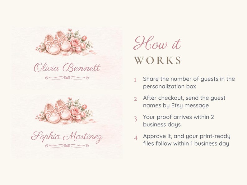 May include: Two personalized name cards featuring illustrations of pink baby shoes and roses. The text reads: How it WORKS, 1 Share the number of guests in the personalization box, 2 After checkout, send the guest names by Etsy message, 3 Your proof arrives within 2 business days, 4 Approve it, and your print-ready files follow within 1 business day.