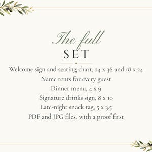 Custom Wedding Sign Bundle, Olive Branch Welcome Sign, Seating Chart, Name Tents, Menu and Bar Sign, Printable Digital Files image 9