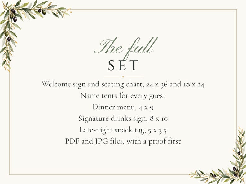 Custom Wedding Sign Bundle, Olive Branch Welcome Sign, Seating Chart, Name Tents, Menu and Bar Sign, Printable Digital Files image 9