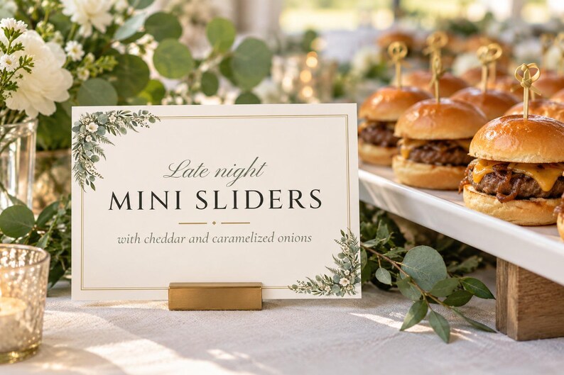 Custom Late Night Snack Sign, Greenery Wedding Food Label, Eucalyptus Snack Tag, Printable 5x3.5 Digital File image 1