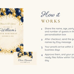 Birthday Welcome Sign and Name Tents Set, Cheers to 60 Years, Navy and Gold Balloon Arch Birthday Decor, Custom Printable Digital Files image 4