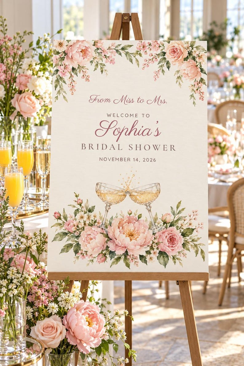 Letrero de bienvenida y etiquetas para nombres para despedida de soltera, De señorita a señora, Brindis con champán, Decoración para despedida de soltera, Archivos digitales imprimibles personalizados imagen 2