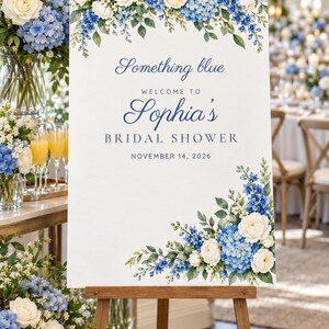 Bridal Shower Welcome Sign and Name Tents Set, Something Blue, Blue Hydrangea Bridal Shower Decor, Custom Printable Digital Files image 2