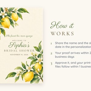 Custom Bridal Shower Welcome Sign, She Found Her Main Squeeze Lemon Sign, Lemon Branch Bridal Shower Decor, Printable 24x36 Digital File afbeelding 4