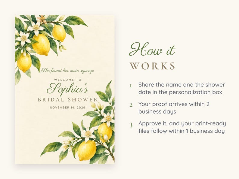Custom Bridal Shower Welcome Sign, She Found Her Main Squeeze Lemon Sign, Lemon Branch Bridal Shower Decor, Printable 24x36 Digital File afbeelding 4
