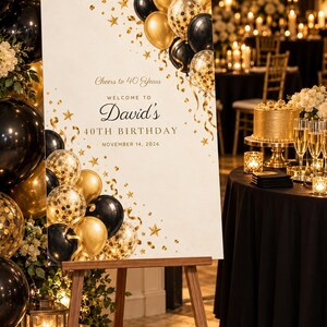 Birthday Welcome Sign and Name Tents Set, Cheers to 40 Years, Black and Gold Balloons Birthday Decor, Custom Printable Digital Files image 2