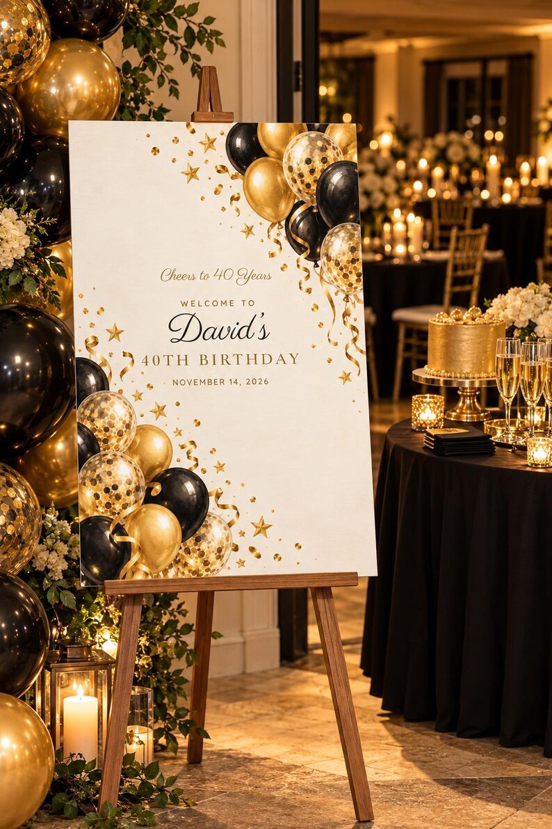 Birthday Welcome Sign and Name Tents Set, Cheers to 40 Years, Black and Gold Balloons Birthday Decor, Custom Printable Digital Files image 2