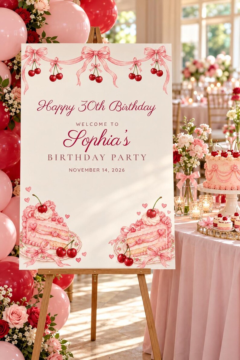 Birthday Welcome Sign and Name Tents Set, Happy 30th Birthday, Cherry and Bow Birthday Decor, Custom Printable Digital Files image 2