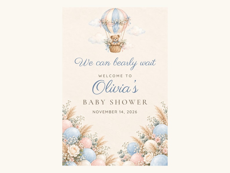 Puede incluir: Una tarjeta de invitaci&oacute;n para baby shower con un globo aerost&aacute;tico de acuarela y un osito de peluche, decorada con globos azules y rosas, hierba de la pampa y flores. El texto dice: We can bearly wait, WELCOME TO Olivia's BABY SHOWER, NOVEMBER 14, 2026.