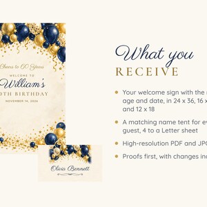 Birthday Welcome Sign and Name Tents Set, Cheers to 60 Years, Navy and Gold Balloon Arch Birthday Decor, Custom Printable Digital Files image 5