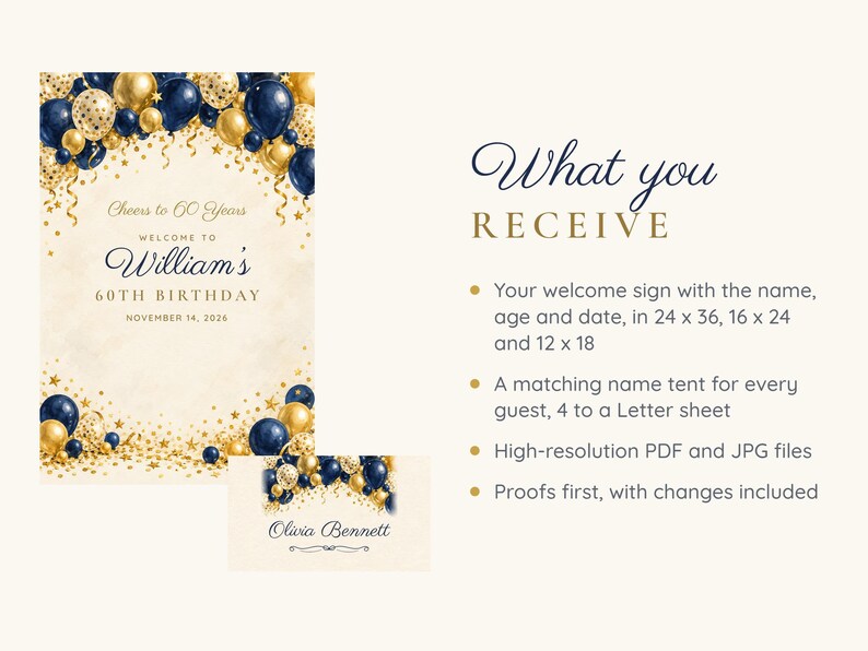 Birthday Welcome Sign and Name Tents Set, Cheers to 60 Years, Navy and Gold Balloon Arch Birthday Decor, Custom Printable Digital Files image 5
