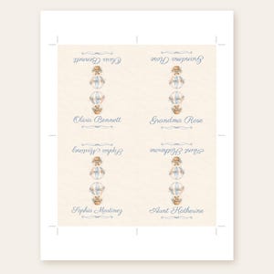 May include: A sheet of four rectangular labels featuring watercolour illustrations of teddy bears in hot air balloons. Each label includes the names Olivia Bennett, Grandma Rose, Sophia Martinez, and Aunt Katherine in blue script text.