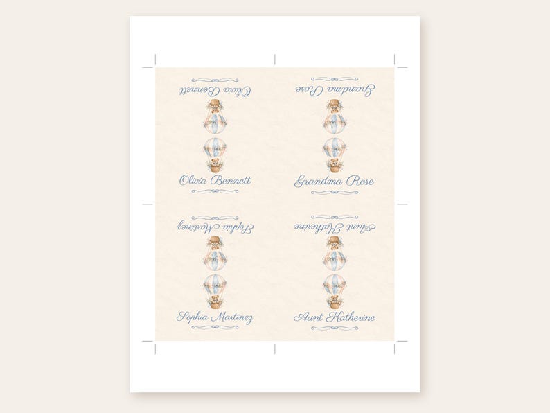 May include: A sheet of four rectangular labels featuring watercolour illustrations of teddy bears in hot air balloons. Each label includes the names Olivia Bennett, Grandma Rose, Sophia Martinez, and Aunt Katherine in blue script text.
