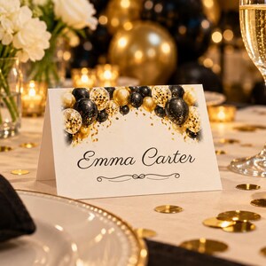 Birthday Name Tents, Black and Gold Balloon Arch Place Cards, Cheers Birthday Dinner Table Decor, Custom Printable Digital File image 1