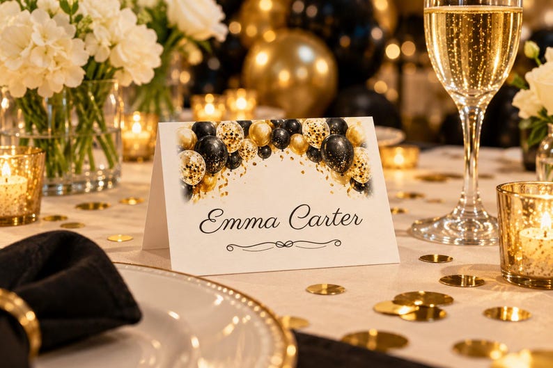 Birthday Name Tents, Black and Gold Balloon Arch Place Cards, Cheers Birthday Dinner Table Decor, Custom Printable Digital File image 1