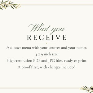 Menú personalizado para cena de boda, tarjeta de menú para recepción con diseño de rama de olivo, menú con diseño de hoja de olivo para cada comensal, archivo digital imprimible de 4x9 pulgadas. imagen 5