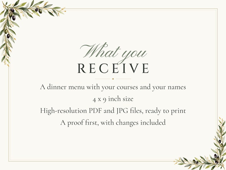 Menú personalizado para cena de boda, tarjeta de menú para recepción con diseño de rama de olivo, menú con diseño de hoja de olivo para cada comensal, archivo digital imprimible de 4x9 pulgadas. imagen 5