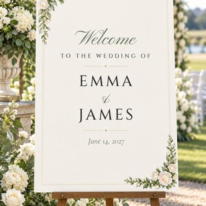 Custom Wedding Welcome Sign, White Rose Welcome Sign with Names and Date, Garden Rose Wedding Sign, Printable 24x36 Digital File image 1