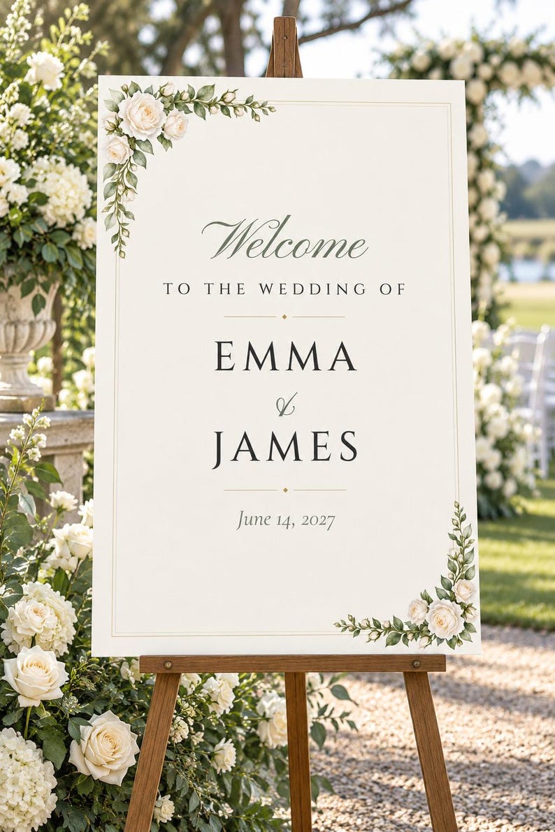 Custom Wedding Welcome Sign, White Rose Welcome Sign with Names and Date, Garden Rose Wedding Sign, Printable 24x36 Digital File image 1