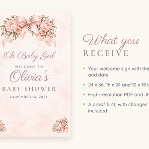 Może przedstawiać: Tablica powitalna na baby shower z jasnor&oacute;żowym tłem akwarelowym, kompozycjami kwiatowymi i dużą kokardą. Tekst brzmi: Oh Baby Girl WELCOME TO Olivia's BABY SHOWER NOVEMBER 14, 2026. Dostępne w rozmiarach 61 x 91, 41 x 61 oraz 30 x 46 cm.