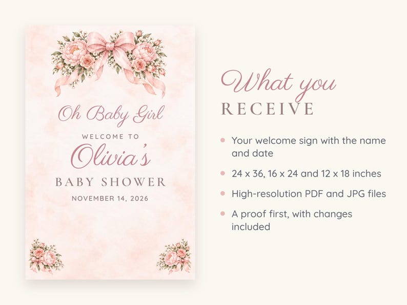 Może przedstawiać: Tablica powitalna na baby shower z jasnor&oacute;żowym tłem akwarelowym, kompozycjami kwiatowymi i dużą kokardą. Tekst brzmi: Oh Baby Girl WELCOME TO Olivia's BABY SHOWER NOVEMBER 14, 2026. Dostępne w rozmiarach 61 x 91, 41 x 61 oraz 30 x 46 cm.