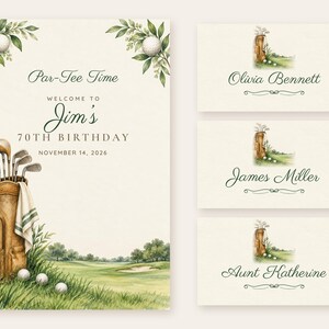 Birthday Welcome Sign and Name Tents Set, Par-Tee Time, Vintage Golf Bag Birthday Decor, Custom Printable Digital Files