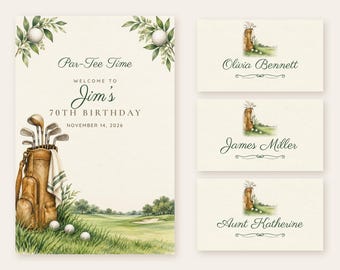 Birthday Welcome Sign and Name Tents Set, Par-Tee Time, Vintage Golf Bag Birthday Decor, Custom Printable Digital Files