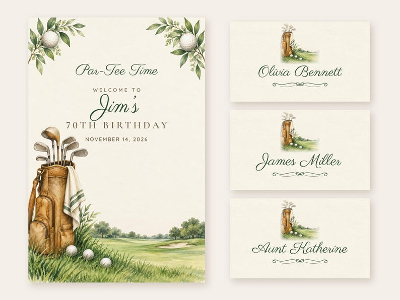Birthday Welcome Sign and Name Tents Set, Par-Tee Time, Vintage Golf Bag Birthday Decor, Custom Printable Digital Files image 1