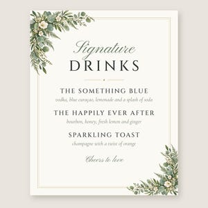 Custom Signature Drinks Sign, Greenery Wedding Bar Sign, Eucalyptus Cocktail Menu, Printable 8x10 Digital File image 2
