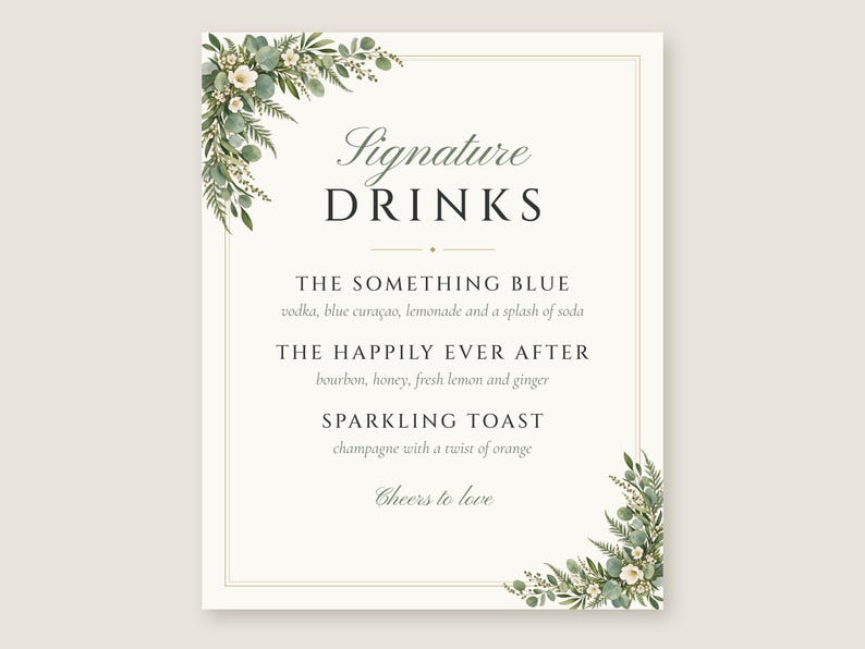 Custom Signature Drinks Sign, Greenery Wedding Bar Sign, Eucalyptus Cocktail Menu, Printable 8x10 Digital File image 2