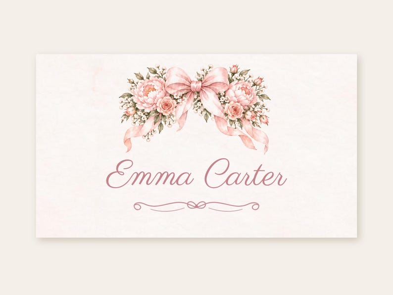 May include: A rectangular card featuring a watercolor illustration of pink peonies, roses, and green leaves tied with a soft pink ribbon. The name Emma Carter is printed in a cursive script below the floral arrangement with a decorative line.