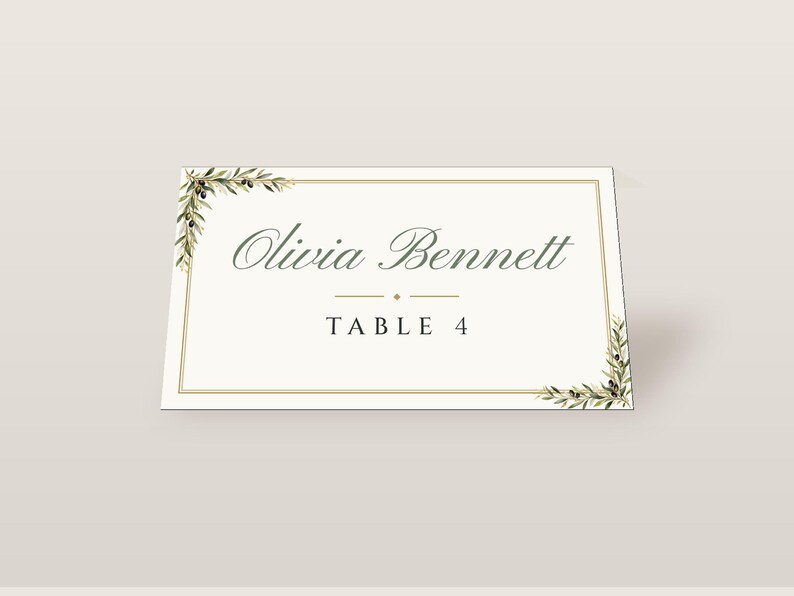 Custom Wedding Name Tents, Olive Branch Place Cards with Table Numbers, Olive Leaf Escort Cards, Printable Digital File bild 2