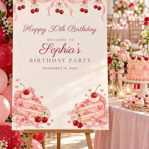 Custom Birthday Welcome Sign, Happy 30th Birthday Sign, Cherry and Bow Birthday Decor, Printable 24x36 Digital File image 1