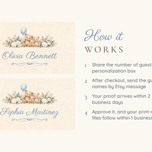 May include: Two rectangular cards featuring a watercolor illustration of two teddy bears, a blue balloon, and floral arrangements. The names Olivia Bennett and Sophia Martinez are printed in blue script. Text on the right reads: How it WORKS, 1 Share the number of guests in the personalization box, 2 After checkout, send the guest names by Etsy message, 3 Your proof arrives within 2 business days, 4 Approve it, and your print-ready files follow within 1 business day.